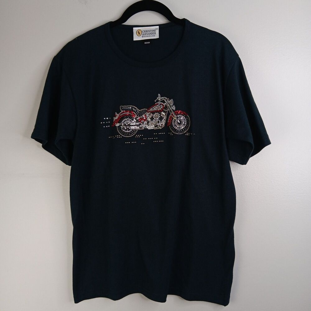 Christine Alexander Women's T-shirt Embellished Crystal Rivets Motorcycle Medium